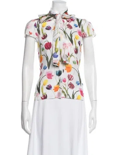Pre-owned Alice And Olivia Floral Print Tie Neck Blouse In Neutral