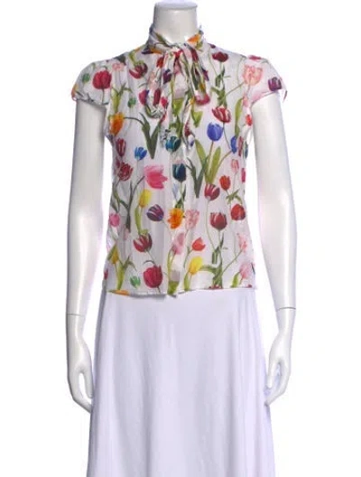 Pre-owned Alice And Olivia Floral Print Tie Neck Blouse In Neutrals