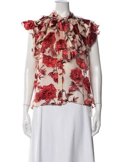 Pre-owned Alice And Olivia Floral Print Tie Neck Blouse In Neutrals