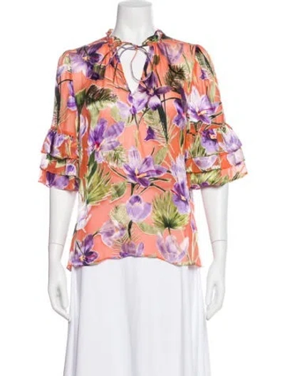 Pre-owned Alice And Olivia Floral Print Tie Neck Blouse In Orange