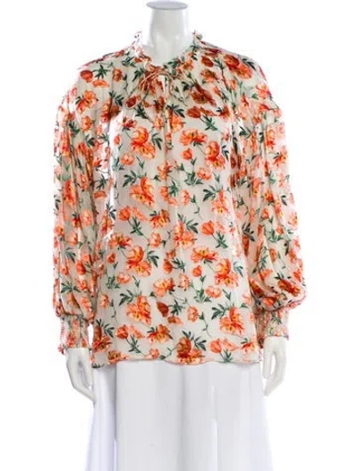 Pre-owned Alice And Olivia Floral Print Tie Neck Blouse In Orange