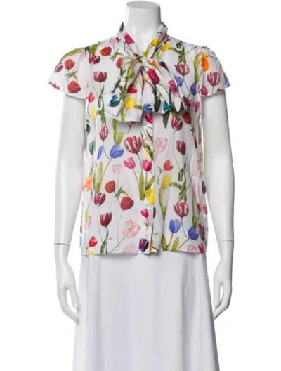 Pre-owned Alice And Olivia Floral Print Tie Neck Blouse In Purple