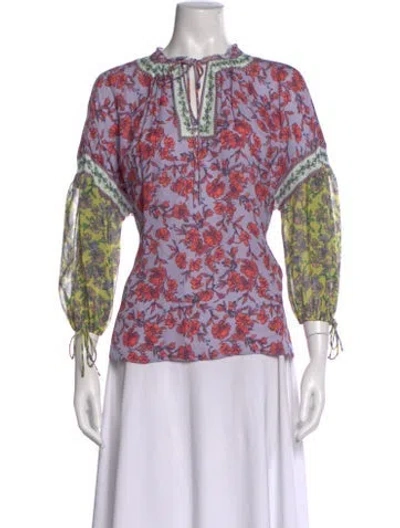Pre-owned Alice And Olivia Floral Print Tie Neck Blouse In Purple
