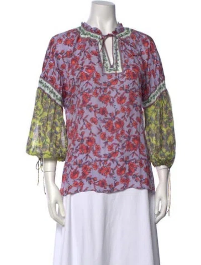 Pre-owned Alice And Olivia Floral Print Tie Neck Blouse In Purple