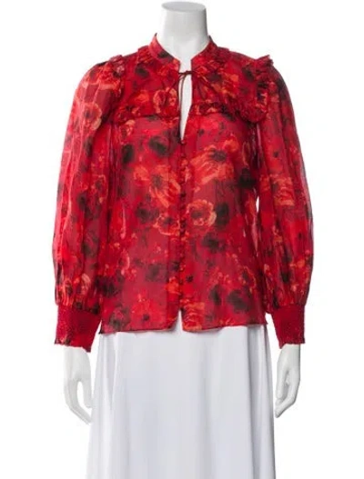 Pre-owned Alice And Olivia Floral Print Tie Neck Blouse In Red