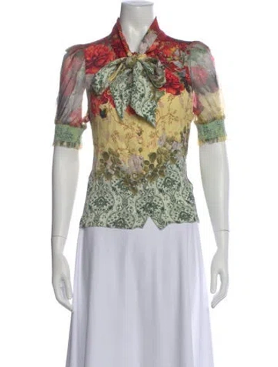Pre-owned Alice And Olivia Floral Print Tie Neck Blouse In Red