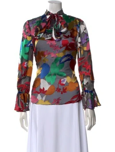 Pre-owned Alice And Olivia Floral Print Tie Neck Blouse In Red