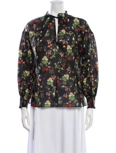 Pre-owned Alice And Olivia Floral Print Tie Neck Blouse W/ Tags In Black