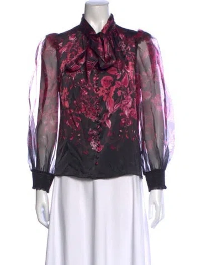 Pre-owned Alice And Olivia Floral Print Tie Neck Blouse W/ Tags In Multicolor