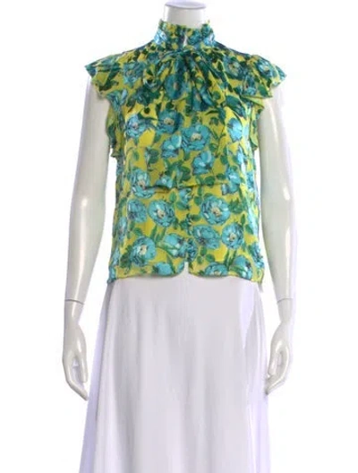 Pre-owned Alice And Olivia Floral Print Tie Neck Blouse In Yellow