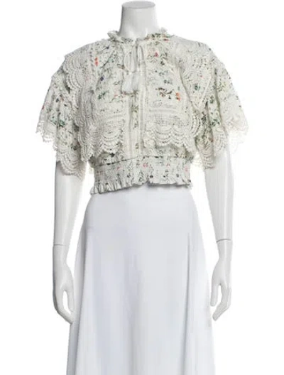Pre-owned Alice And Olivia Floral Print Tie Neck Crop Top In Blue