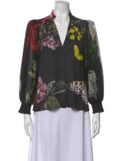 Pre-owned Alice And Olivia Floral Print V-neck Blouse In Black
