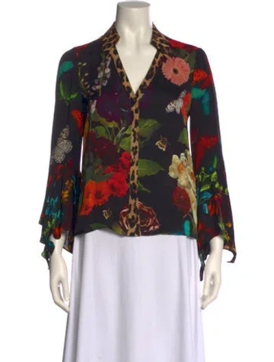 Pre-owned Alice And Olivia Floral Print V-neck Blouse In Black