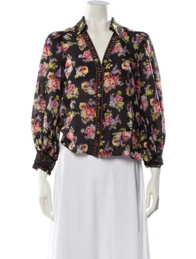 Pre-owned Alice And Olivia Floral Print V-neck Blouse In Black