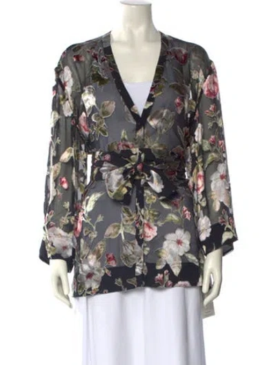 Pre-owned Alice And Olivia Floral Print V-neck Blouse In Black