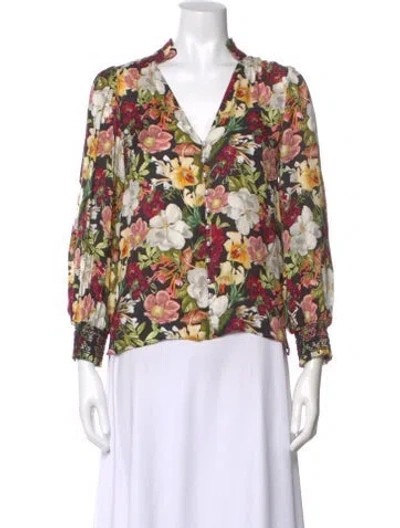 Pre-owned Alice And Olivia Floral Print V-neck Blouse In Black