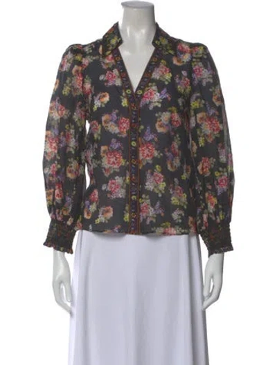 Pre-owned Alice And Olivia Floral Print V-neck Blouse In Black
