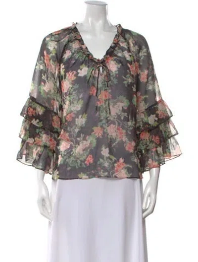 Pre-owned Alice And Olivia Floral Print V-neck Blouse In Black