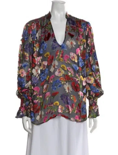 Pre-owned Alice And Olivia Floral Print V-neck Blouse In Black