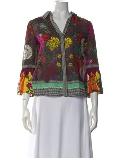 Pre-owned Alice And Olivia Floral Print V-neck Blouse In Black