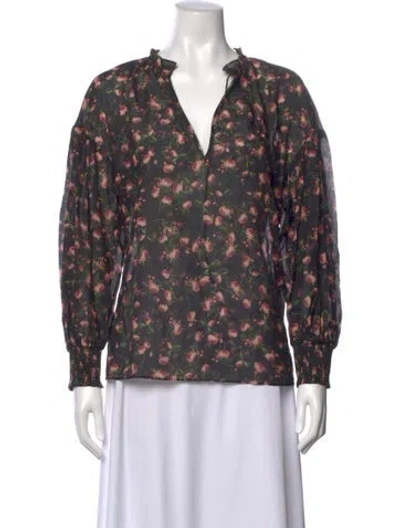 Pre-owned Alice And Olivia Floral Print V-neck Blouse In Black
