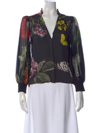 Pre-owned Alice And Olivia Floral Print V-neck Blouse In Black