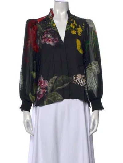 Pre-owned Alice And Olivia Floral Print V-neck Blouse In Black
