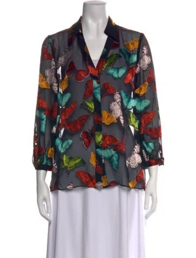 Pre-owned Alice And Olivia Floral Print V-neck Blouse In Black