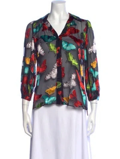 Pre-owned Alice And Olivia Floral Print V-neck Blouse In Black