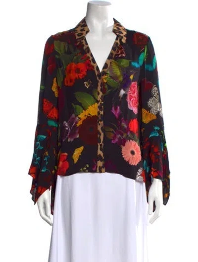 Pre-owned Alice And Olivia Floral Print V-neck Blouse In Black