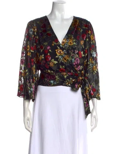 Pre-owned Alice And Olivia Floral Print V-neck Blouse In Black