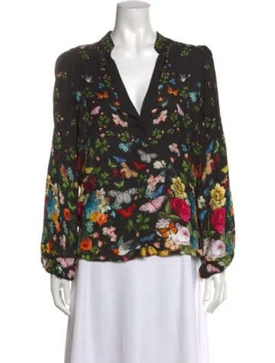 Pre-owned Alice And Olivia Floral Print V-neck Blouse In Black