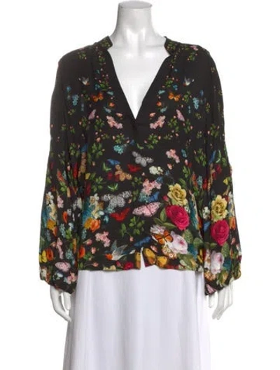Pre-owned Alice And Olivia Floral Print V-neck Blouse In Black