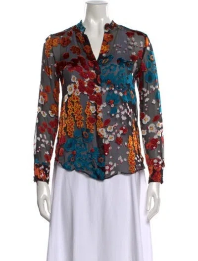 Pre-owned Alice And Olivia Floral Print V-neck Blouse In Black