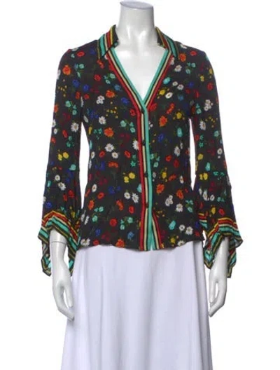 Pre-owned Alice And Olivia Floral Print V-neck Blouse In Black