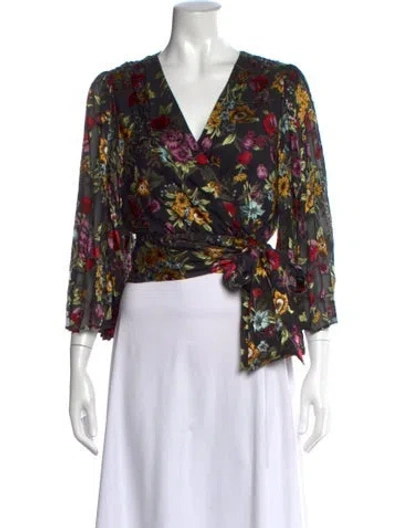 Pre-owned Alice And Olivia Floral Print V-neck Blouse In Black