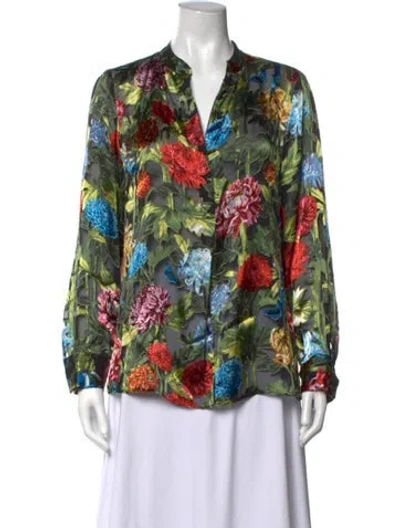 Pre-owned Alice + Olivia Floral Print V-neck Blouse In Black/green
