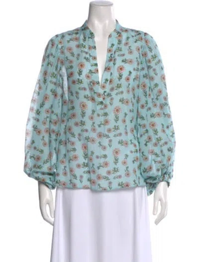 Pre-owned Alice And Olivia Floral Print V-neck Blouse In Blue
