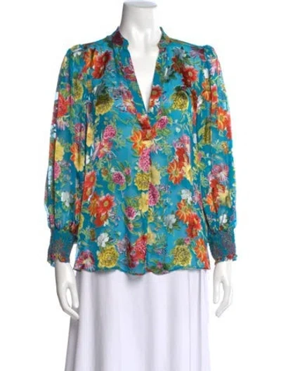 Pre-owned Alice And Olivia Floral Print V-neck Blouse In Blue