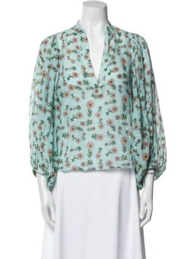 Pre-owned Alice And Olivia Floral Print V-neck Blouse In Blue