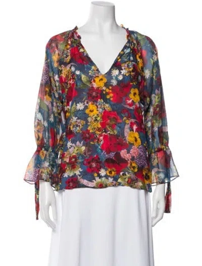 Pre-owned Alice And Olivia Floral Print V-neck Blouse In Blue