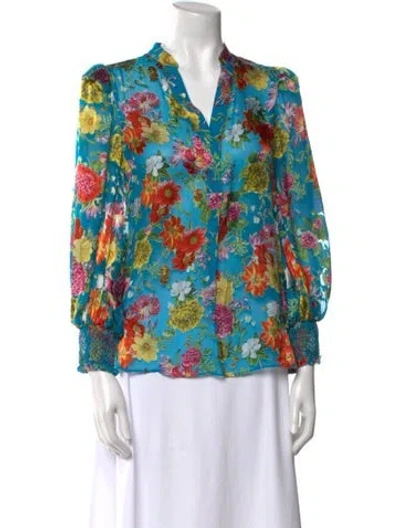 Pre-owned Alice And Olivia Floral Print V-neck Blouse In Blue