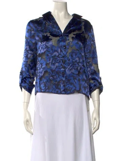 Pre-owned Alice And Olivia Floral Print V-neck Blouse In Blue