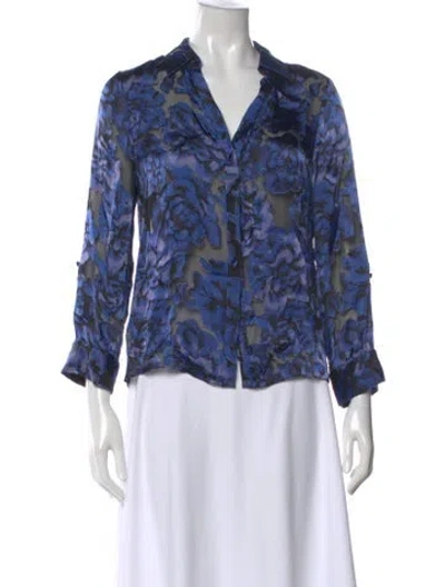 Pre-owned Alice And Olivia Floral Print V-neck Blouse In Blue
