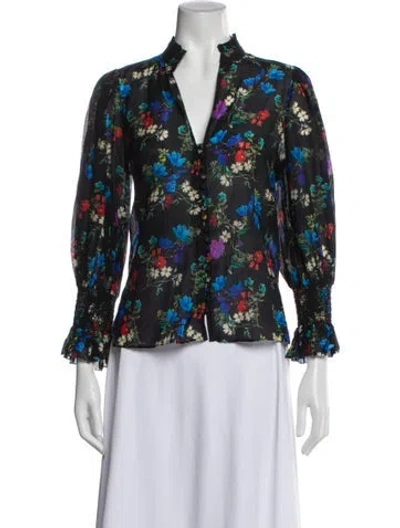 Pre-owned Alice And Olivia Floral Print V-neck Blouse In Blue