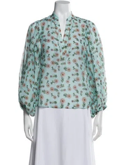 Pre-owned Alice And Olivia Floral Print V-neck Blouse In Blue