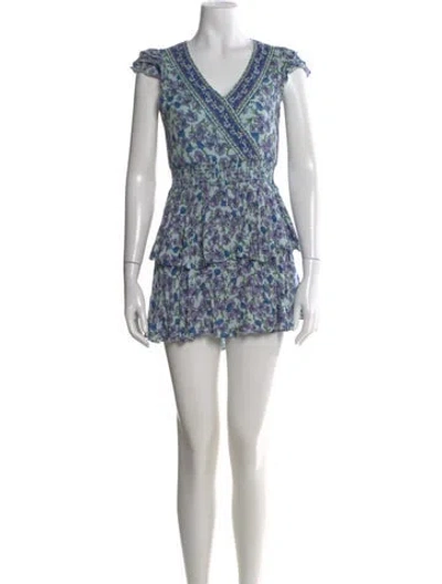 Pre-owned Alice And Olivia Floral Print V-neck Blouse In Blue