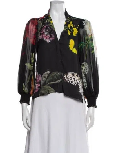 Pre-owned Alice And Olivia Floral Print V-neck Blouse In Blue