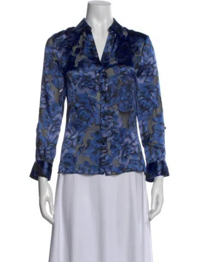 Pre-owned Alice And Olivia Floral Print V-neck Blouse In Blue