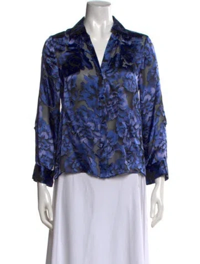 Pre-owned Alice And Olivia Floral Print V-neck Blouse In Blue